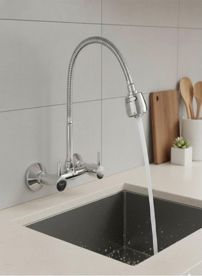 KAMAL Brass Sink Mixer FLT (Hot & Cold Mixer) Two Knobs | Fully Flexible SS 304 Spout with Dual Flow Switch | Shiny Chrome Finish - Silver - Image 1